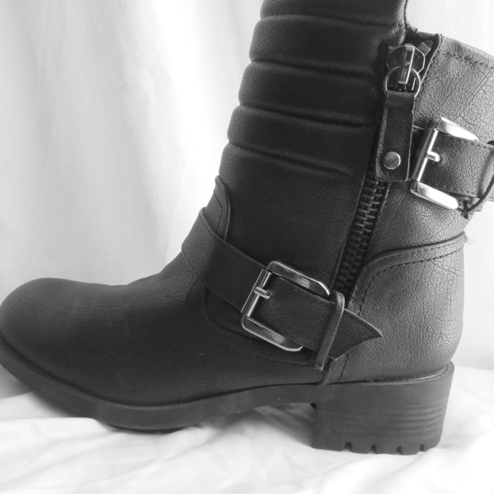 Chunky Black Biker Boots with Buckles Sz 8.5 from Rampage